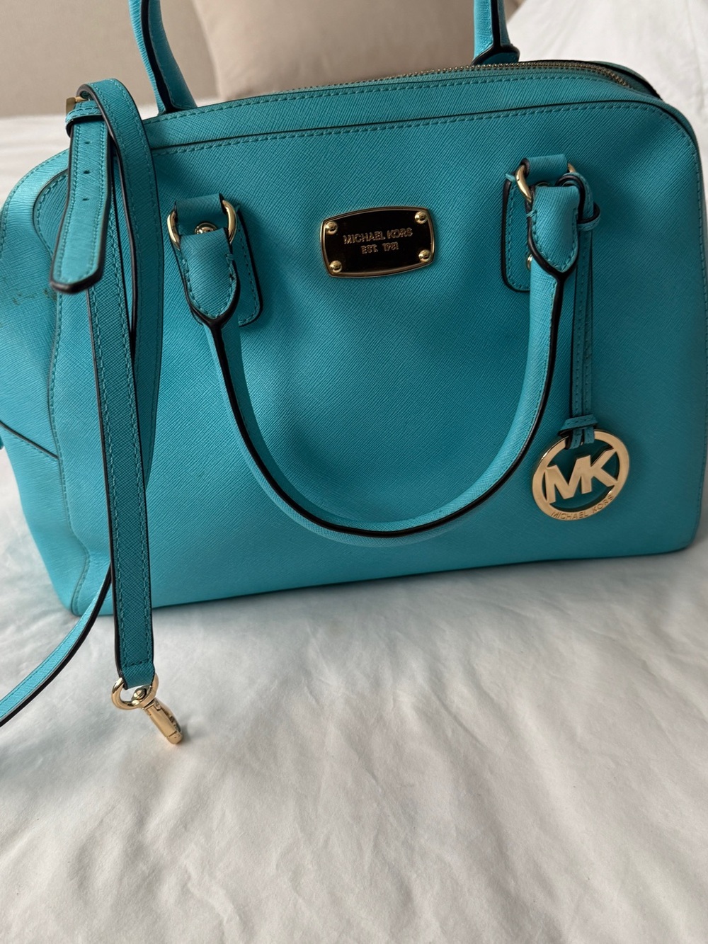 Michael Kors Turquoise Saffiano Leather Satchel with Gold Hardware